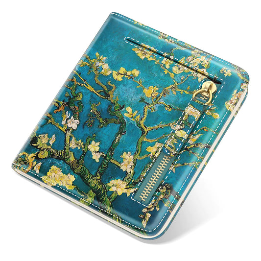 TMOODEL Wallet Women Cute Boho Rfid Blocking Small Wallets Woman Slim Credit Card Holder Wallet for Women Thin Leather Billfold Compact Bifold Pocket Mini Purse with ID Window Van Gogh Tree