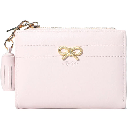 Fashion Wallets Girls Cute Small Bow Wallet Aesthetic Card Holder Bifold Wallet Coin Purse Cash Pocket with Zipper for Women (Bi-Fold Wallet Pink)